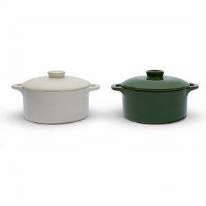 Mini Round Ceramic Cocotte Set Of Two: Green And White